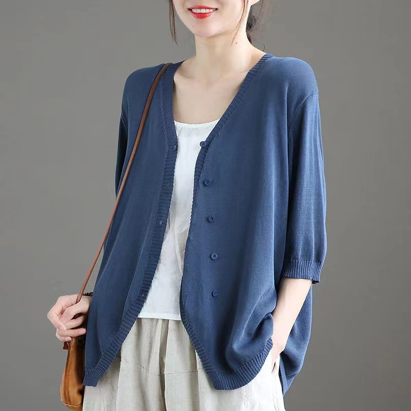 Cardigan od ice silk s polu rukavom, V-izrez, udoban slobodan kroj, japansko-korejski ležerni stil