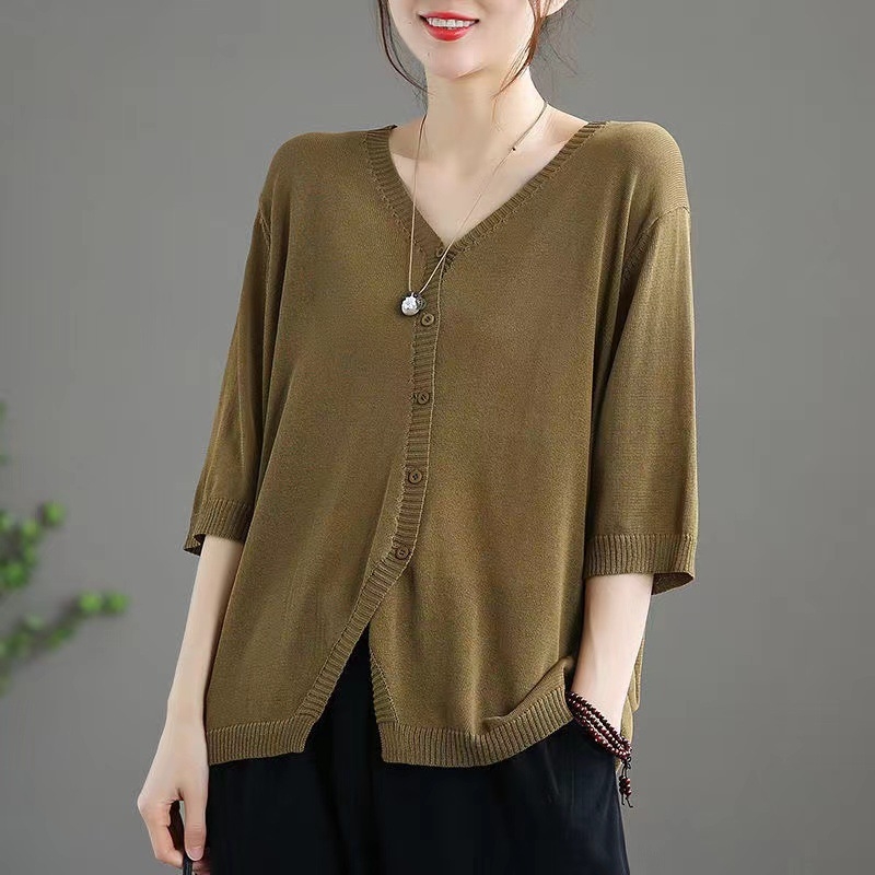 Cardigan od ice silk s polu rukavom, V-izrez, udoban slobodan kroj, japansko-korejski ležerni stil