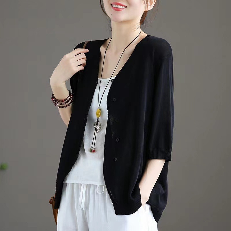 Cardigan od ice silk s polu rukavom, V-izrez, udoban slobodan kroj, japansko-korejski ležerni stil