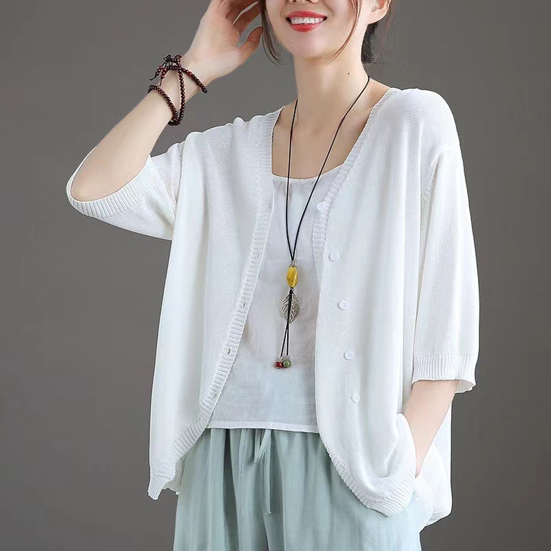 Cardigan od ice silk s polu rukavom, V-izrez, udoban slobodan kroj, japansko-korejski ležerni stil