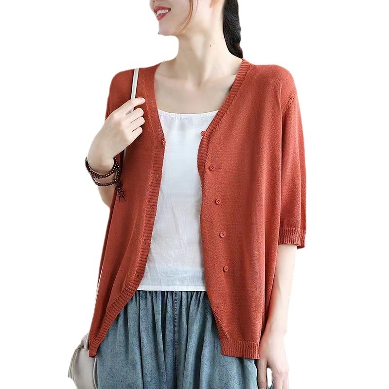 Cardigan od ice silk s polu rukavom, V-izrez, udoban slobodan kroj, japansko-korejski ležerni stil