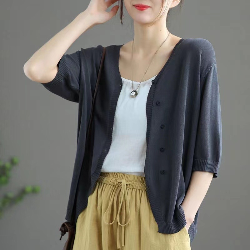 Cardigan od ice silk s polu rukavom, V-izrez, udoban slobodan kroj, japansko-korejski ležerni stil