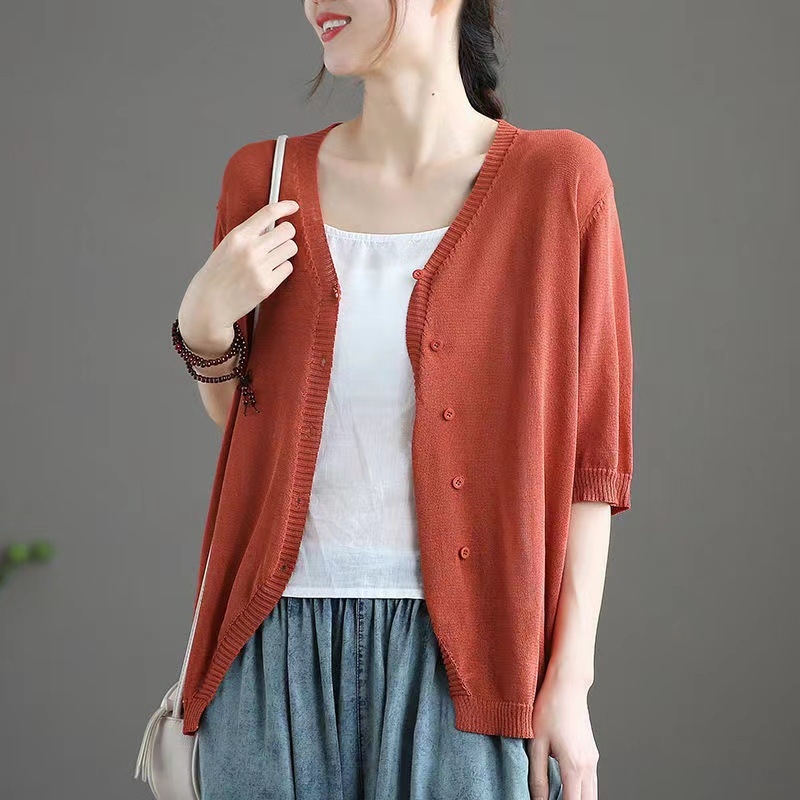 Cardigan od ice silk s polu rukavom, V-izrez, udoban slobodan kroj, japansko-korejski ležerni stil