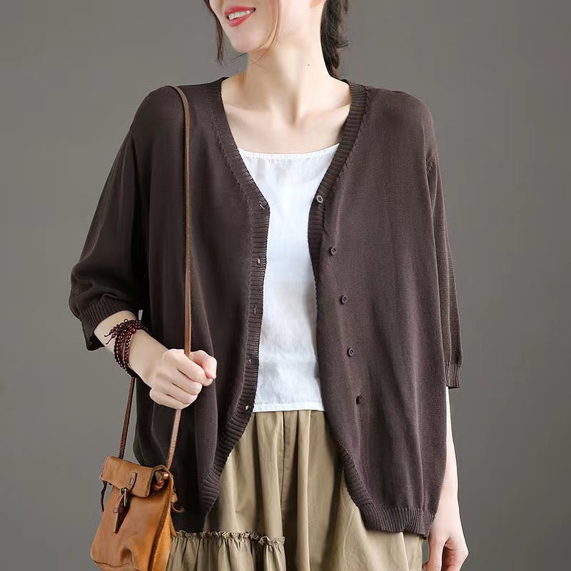 Cardigan od ice silk s polu rukavom, V-izrez, udoban slobodan kroj, japansko-korejski ležerni stil