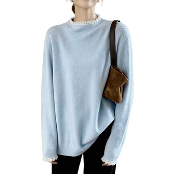 Brīvs adīts tops ar kapuci un mežģīnēm no viskozes, patchwork detaļa, rudens 2025, garās piedurknes