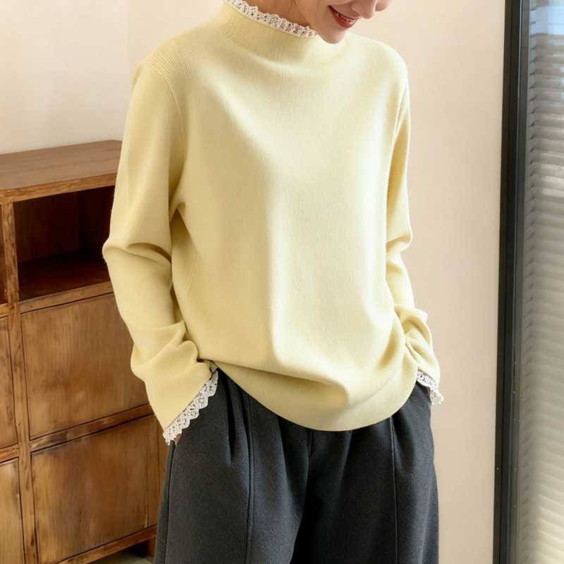 Brīvs adīts tops ar kapuci un mežģīnēm no viskozes, patchwork detaļa, rudens 2025, garās piedurknes