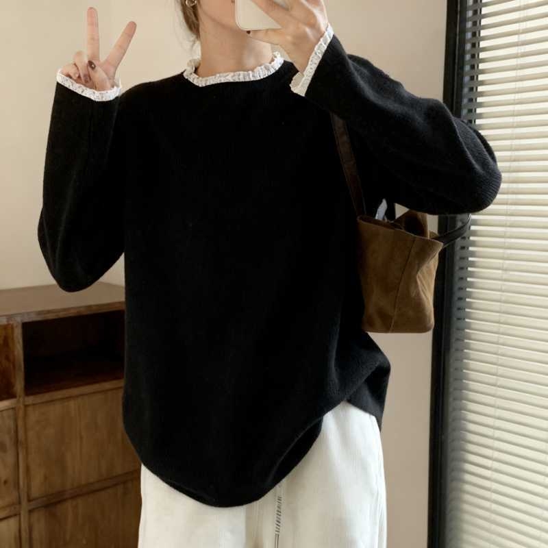 Brīvs adīts tops ar kapuci un mežģīnēm no viskozes, patchwork detaļa, rudens 2025, garās piedurknes