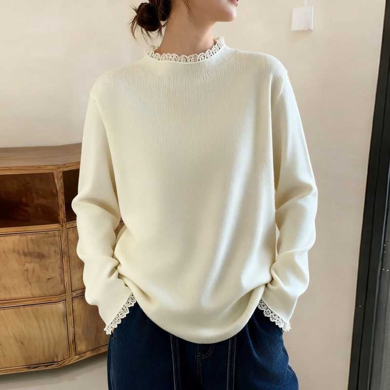 Brīvs adīts tops ar kapuci un mežģīnēm no viskozes, patchwork detaļa, rudens 2025, garās piedurknes