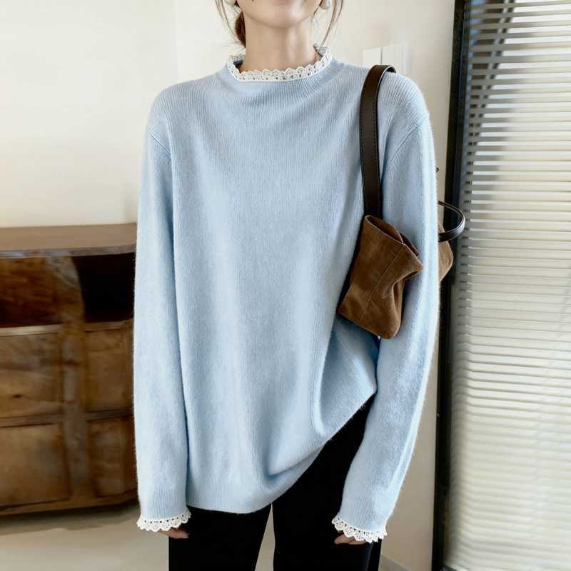 Brīvs adīts tops ar kapuci un mežģīnēm no viskozes, patchwork detaļa, rudens 2025, garās piedurknes