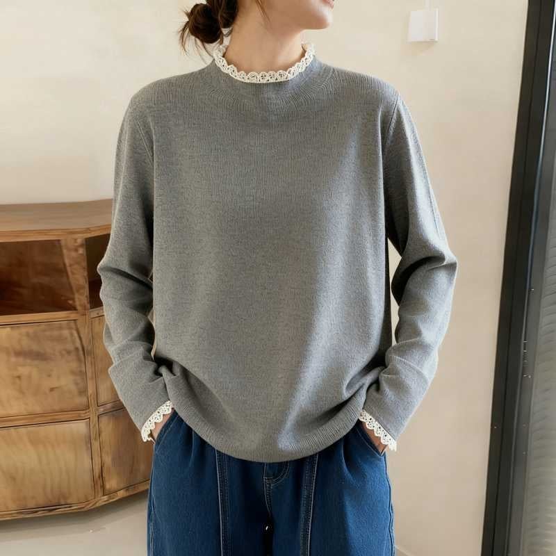 Brīvs adīts tops ar kapuci un mežģīnēm no viskozes, patchwork detaļa, rudens 2025, garās piedurknes