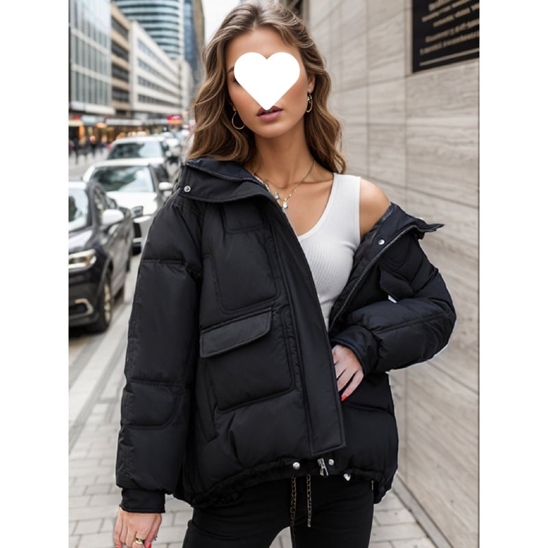 Дамско яке с качулка, пух-памучен пълнеж, дебело, с няколко джоба, цип