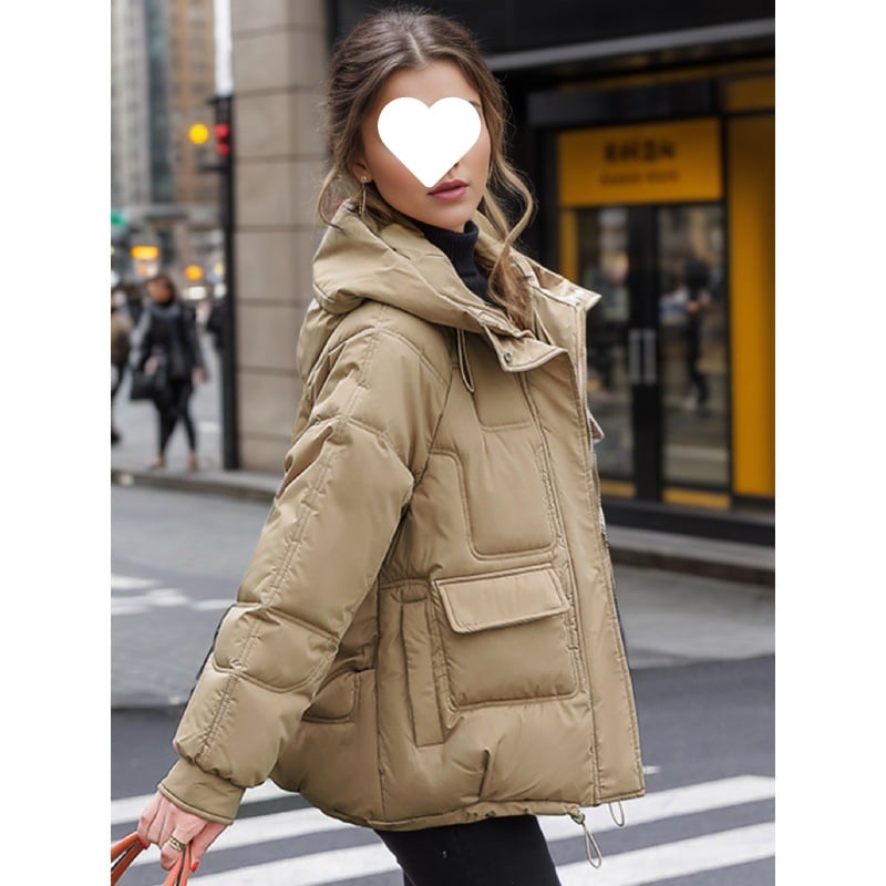 Дамско яке с качулка, пух-памучен пълнеж, дебело, с няколко джоба, цип