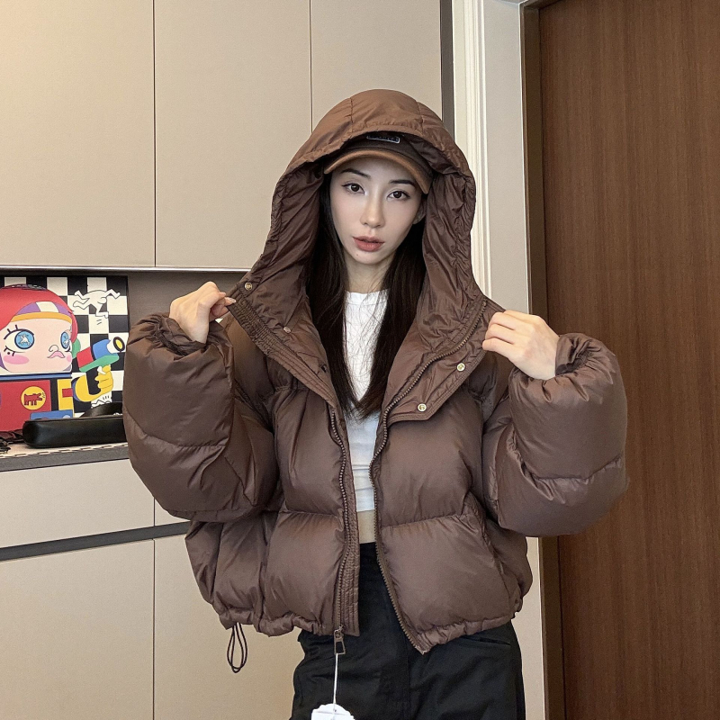 Sieviete kapucēta dūnu jaka ar īsu garumu (≤40 cm), balta pīļu pūka pildījums, pūku saturs 66–70%, vidēja biezuma