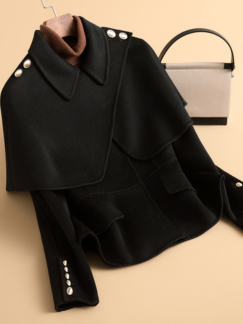 Γυναικείο διπλής όψης παλτό από μαλλί, κοντό μήκος (40–50 εκ.), εφαρμοστό στυλ, γιακά τύπου σακακιού, 95% μαλλί