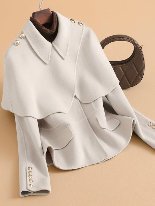 Γυναικείο διπλής όψης παλτό από μαλλί, κοντό μήκος (40–50 εκ.), εφαρμοστό στυλ, γιακά τύπου σακακιού, 95% μαλλί