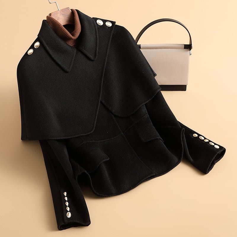 Γυναικείο διπλής όψης παλτό από μαλλί, κοντό μήκος (40–50 εκ.), εφαρμοστό στυλ, γιακά τύπου σακακιού, 95% μαλλί