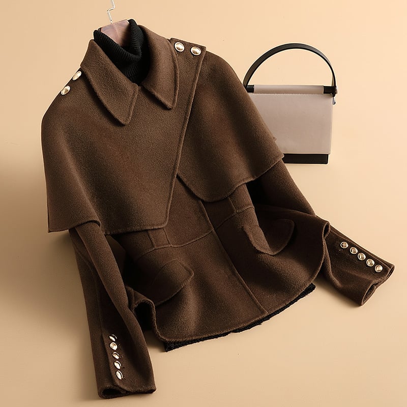 Γυναικείο διπλής όψης παλτό από μαλλί, κοντό μήκος (40–50 εκ.), εφαρμοστό στυλ, γιακά τύπου σακακιού, 95% μαλλί