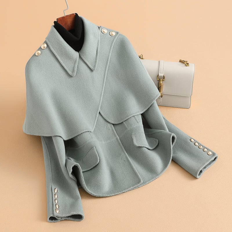 Γυναικείο διπλής όψης παλτό από μαλλί, κοντό μήκος (40–50 εκ.), εφαρμοστό στυλ, γιακά τύπου σακακιού, 95% μαλλί