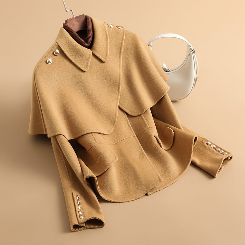 Γυναικείο διπλής όψης παλτό από μαλλί, κοντό μήκος (40–50 εκ.), εφαρμοστό στυλ, γιακά τύπου σακακιού, 95% μαλλί