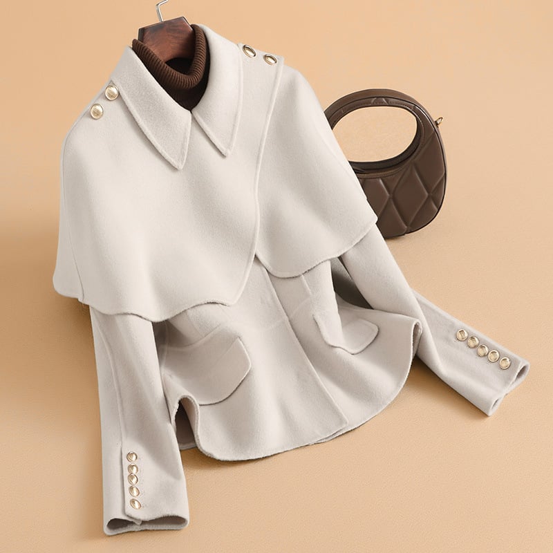 Γυναικείο διπλής όψης παλτό από μαλλί, κοντό μήκος (40–50 εκ.), εφαρμοστό στυλ, γιακά τύπου σακακιού, 95% μαλλί