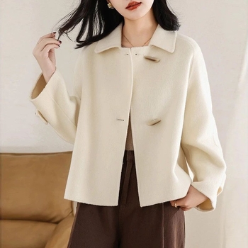 Κοντό γυναικείο μάλλινο παλτό σε στυλ Ιαπωνο-Κορεατικό, ασύμμετρο σχέδιο, μακριά μανίκια, γούνα γιακά, πολυεστέρας με ελαστάνη, Άνοιξη 2025