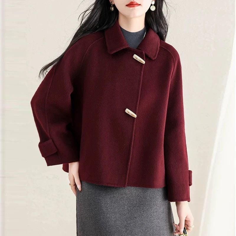 Κοντό γυναικείο μάλλινο παλτό σε στυλ Ιαπωνο-Κορεατικό, ασύμμετρο σχέδιο, μακριά μανίκια, γούνα γιακά, πολυεστέρας με ελαστάνη, Άνοιξη 2025