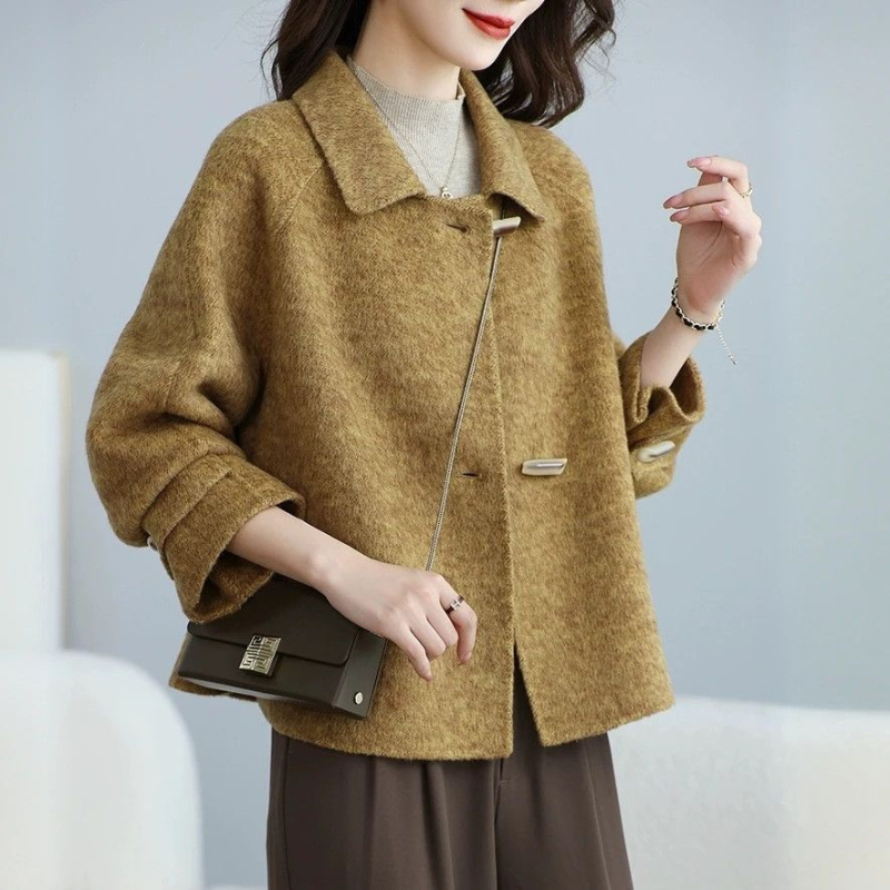Κοντό γυναικείο μάλλινο παλτό σε στυλ Ιαπωνο-Κορεατικό, ασύμμετρο σχέδιο, μακριά μανίκια, γούνα γιακά, πολυεστέρας με ελαστάνη, Άνοιξη 2025
