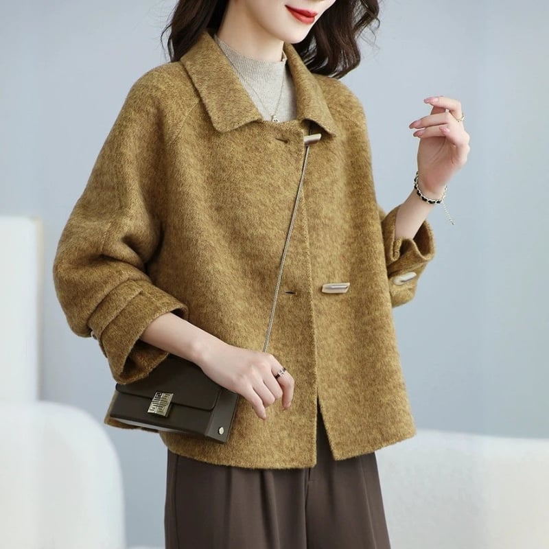 Κοντό γυναικείο μάλλινο παλτό σε στυλ Ιαπωνο-Κορεατικό, ασύμμετρο σχέδιο, μακριά μανίκια, γούνα γιακά, πολυεστέρας με ελαστάνη, Άνοιξη 2025
