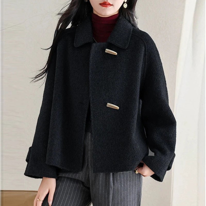 Κοντό γυναικείο μάλλινο παλτό σε στυλ Ιαπωνο-Κορεατικό, ασύμμετρο σχέδιο, μακριά μανίκια, γούνα γιακά, πολυεστέρας με ελαστάνη, Άνοιξη 2025