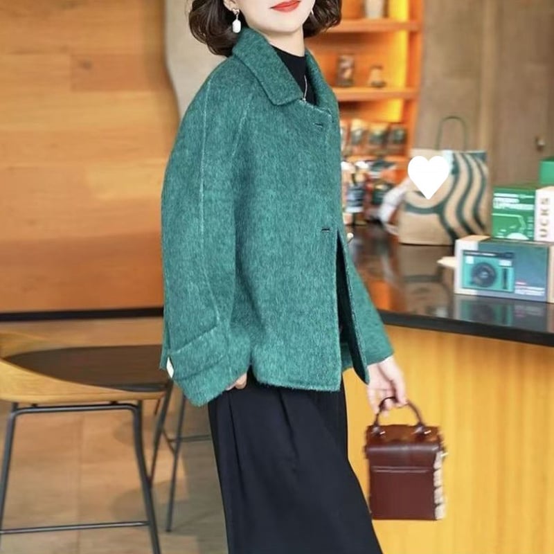 Κοντό γυναικείο μάλλινο παλτό σε στυλ Ιαπωνο-Κορεατικό, ασύμμετρο σχέδιο, μακριά μανίκια, γούνα γιακά, πολυεστέρας με ελαστάνη, Άνοιξη 2025