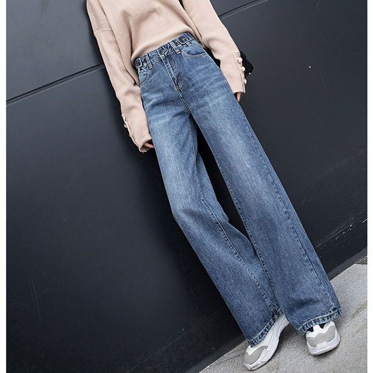 Naistele denimist laiad püksid, kõrge vöökoht, põrandani ulatuv pikkus, drape stiil, Mercerized viimistlus, kevad 2025