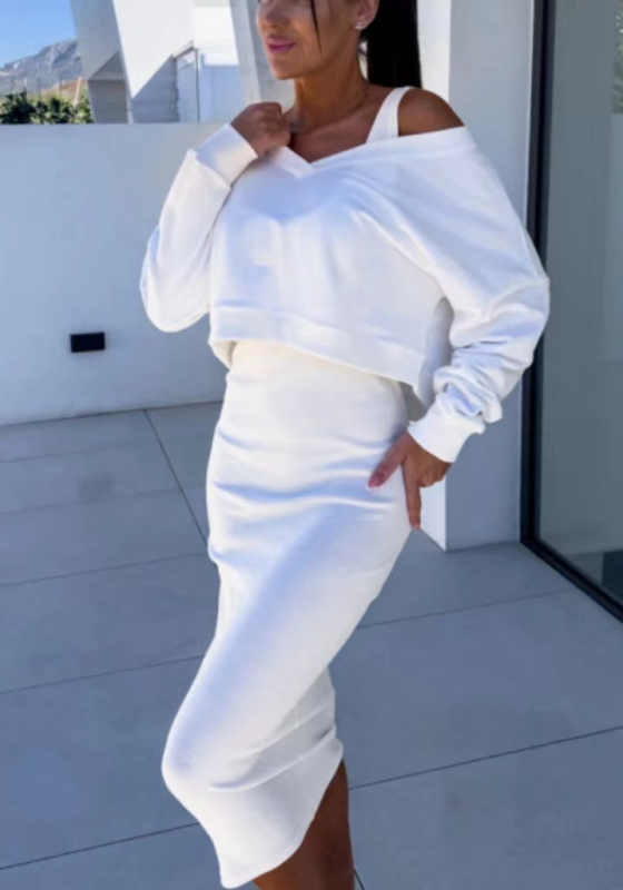 Ženski dvodjelni kostim: top s V-izrezom i suknja, 3D uzorak, poliester/elastan, proljeće 2025