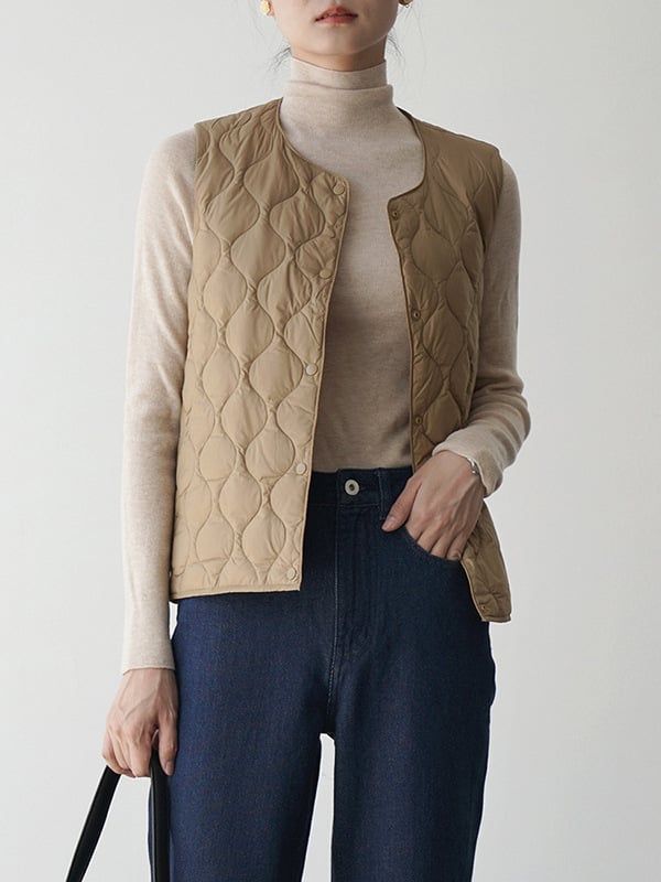 Пухена жилетка за жени, бял гъши пух 86–90%, тесен силует, еднопредно закопчаване, без яка