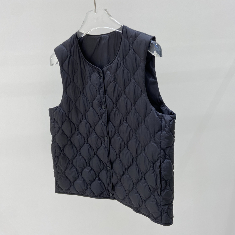 Пухена жилетка за жени, бял гъши пух 86–90%, тесен силует, еднопредно закопчаване, без яка