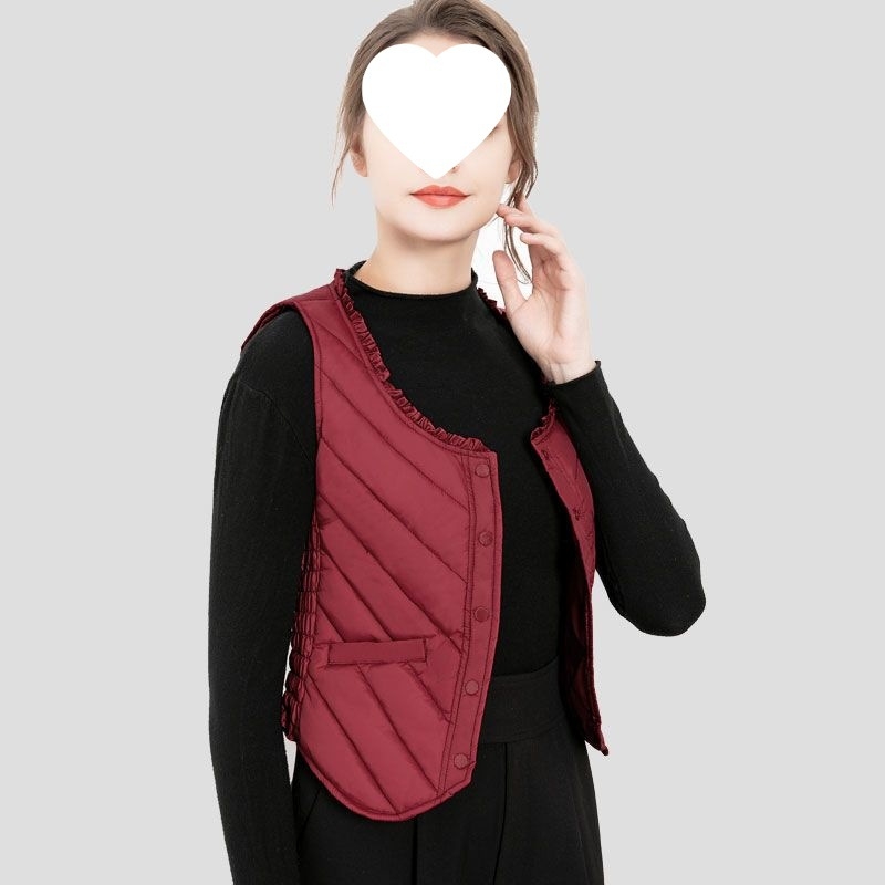 Sieviešu vilnas pildīta veste, V kakla izgriezums, ļoti īss siluets, vienas pogas aizdare, A-līnija, galvenais audums - rayon