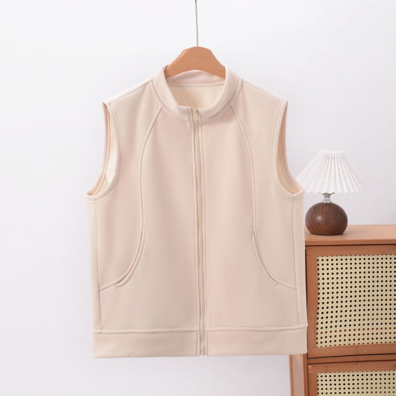 Sieviešu bez piedurknēm veste ar stāvošu apkakli, vidēja garuma, viskozes-elastāna maisījums, ziemas 2025