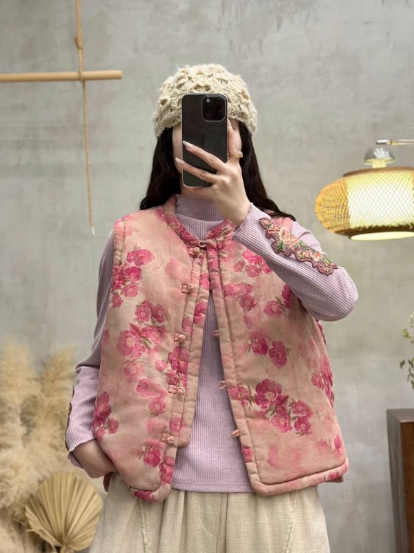 Puuvillase ja linasega tikitud vest täidisega kunstlikust siidist-puuvillast, ümmargune kaelus, disk-nuppud, lille-retro muster, naistele