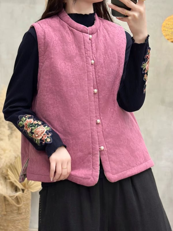 Puuvillase ja linasega tikitud vest täidisega kunstlikust siidist-puuvillast, ümmargune kaelus, disk-nuppud, lille-retro muster, naistele