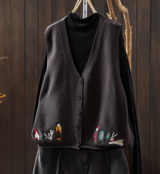 Naiste kootud puuvillane vest, V-kaelus, kolm nööpi, vaba lõige, sügisel 2025 väljaanne
