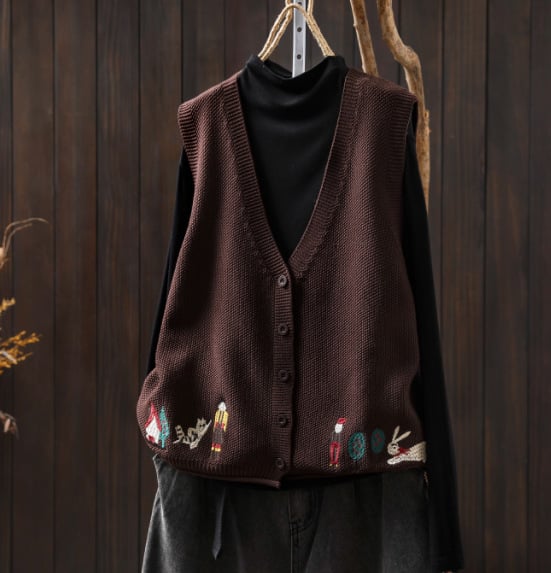 Naiste kootud puuvillane vest, V-kaelus, kolm nööpi, vaba lõige, sügisel 2025 väljaanne