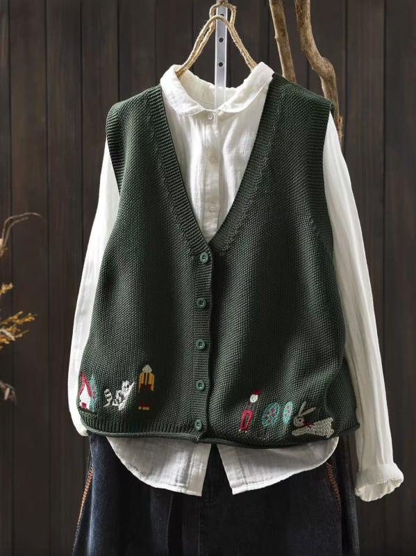 Naiste kootud puuvillane vest, V-kaelus, kolm nööpi, vaba lõige, sügisel 2025 väljaanne