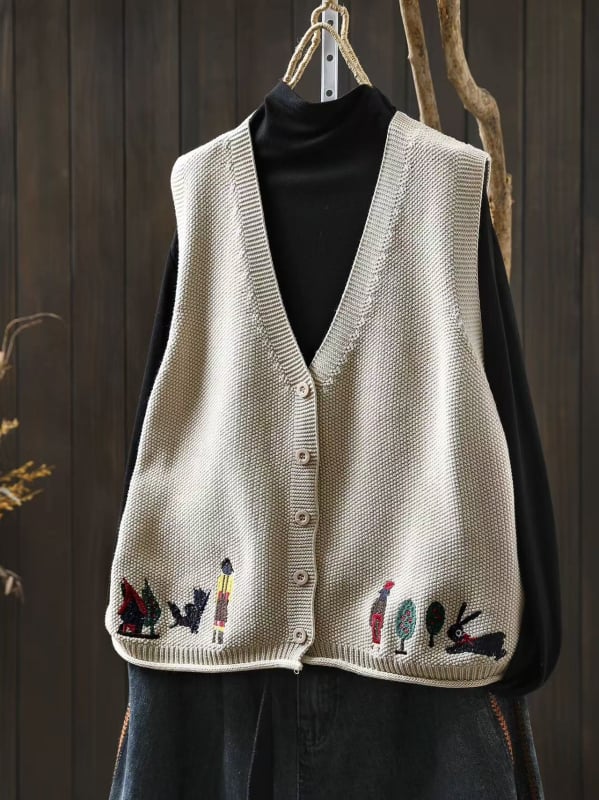 Naiste kootud puuvillane vest, V-kaelus, kolm nööpi, vaba lõige, sügisel 2025 väljaanne