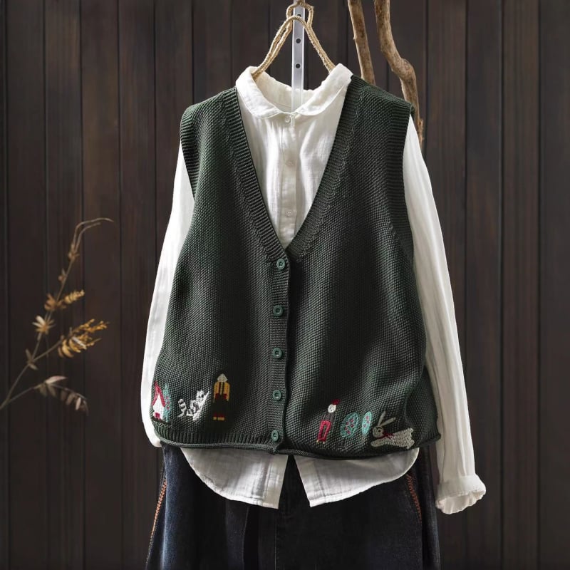 Naiste kootud puuvillane vest, V-kaelus, kolm nööpi, vaba lõige, sügisel 2025 väljaanne