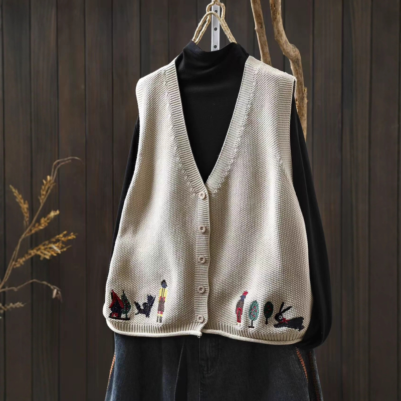 Naiste kootud puuvillane vest, V-kaelus, kolm nööpi, vaba lõige, sügisel 2025 väljaanne