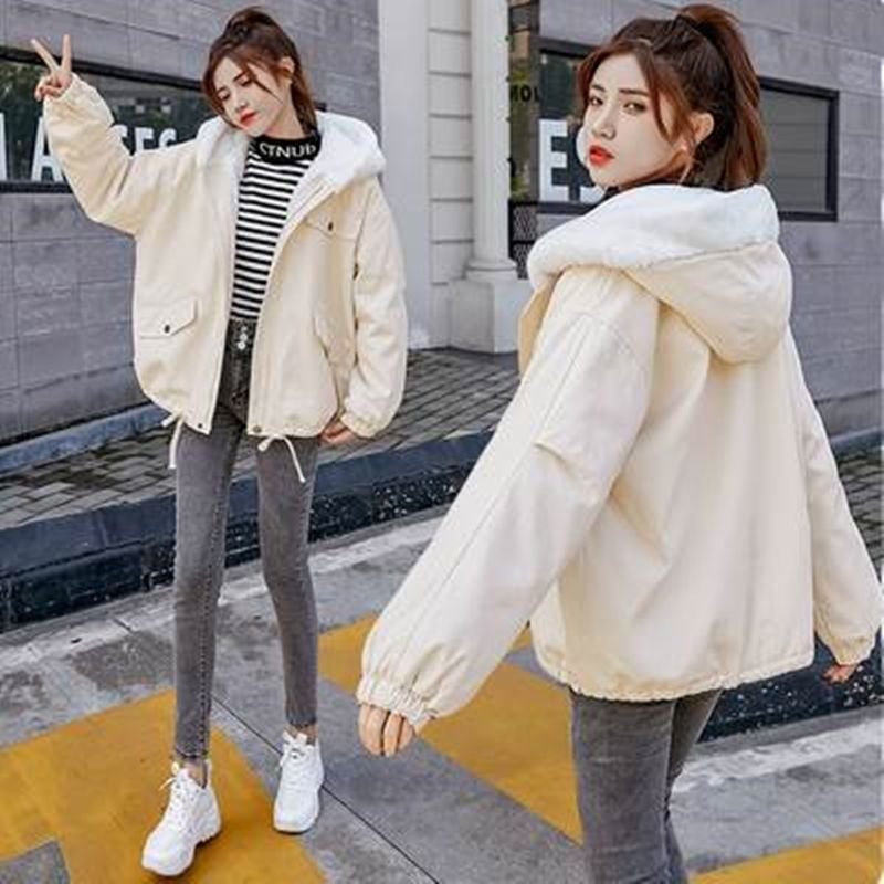 Дамско палто с памучна подплата и флисово подплатяване, свободен крой, корейски стил, цип отпред, есенно-зимно палто