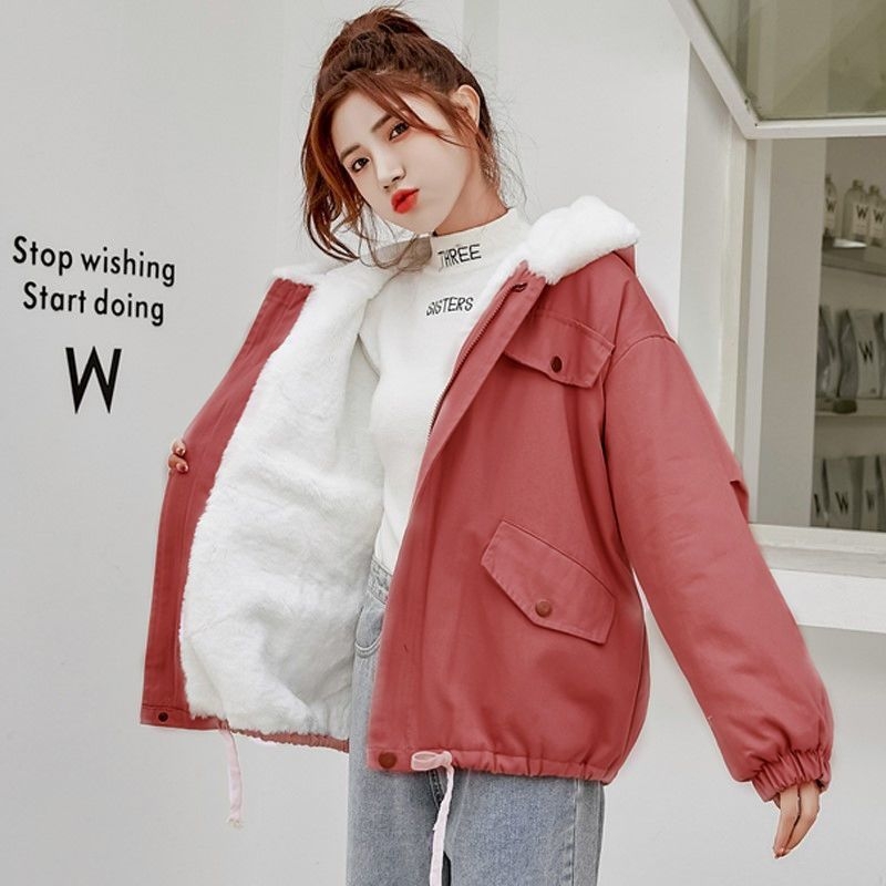 Дамско палто с памучна подплата и флисово подплатяване, свободен крой, корейски стил, цип отпред, есенно-зимно палто