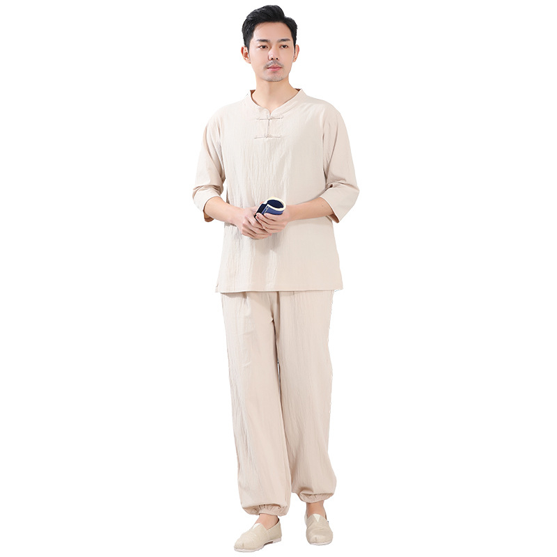 Unisex Zen odijelo za jogu i meditaciju od pamuka i lana, glavna tkanina 95% pamuk, jednobojni uzorak, zatvaranje na jedno dugme