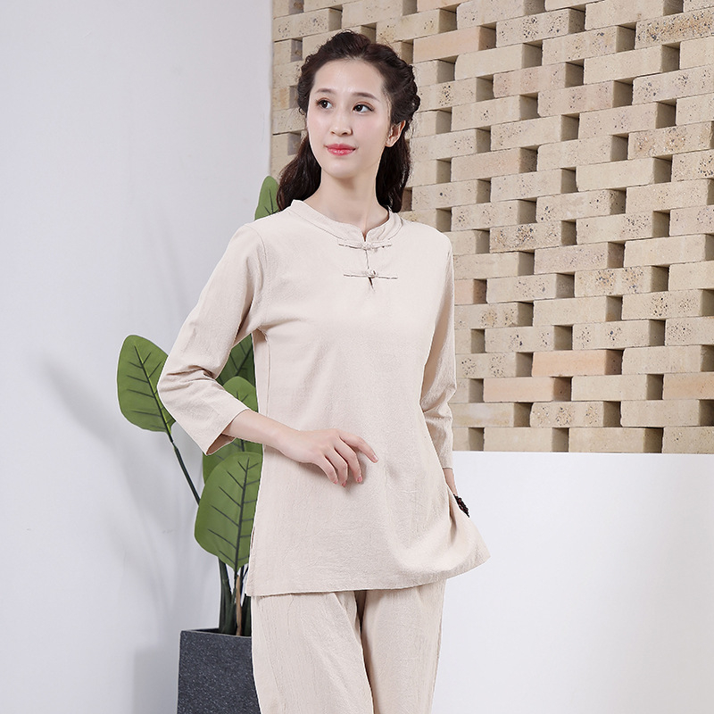 Unisex Zen odijelo za jogu i meditaciju od pamuka i lana, glavna tkanina 95% pamuk, jednobojni uzorak, zatvaranje na jedno dugme