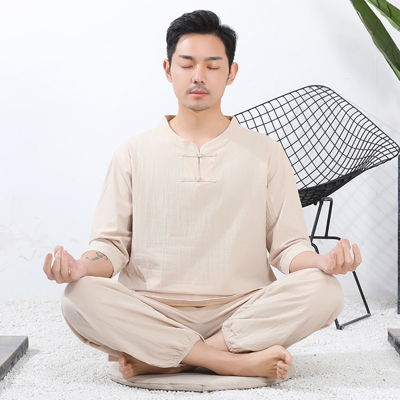 Unisex Zen odijelo za jogu i meditaciju od pamuka i lana, glavna tkanina 95% pamuk, jednobojni uzorak, zatvaranje na jedno dugme