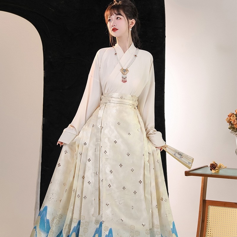 Hanfu u Ming stilu s Horse-Face suknom i Aircraft rukavima, 50-70% poliester sadržaja, tiskana tkanina, proljeće 2023